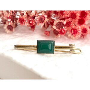 Swank Signed Faux Green Stone Gold Toned Vintage Men's Tie Bar | Tie Clip